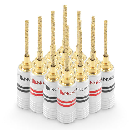 Nakamichi GrubLock Excel Series 24k Gold Plated Flex 2mm Pin Banana Plugs 10 AWG - 18 AWG Gauge Size for Spring Clip Terminal Speakers Amplifier Hi-Fi Wire Cable, Screws Connector