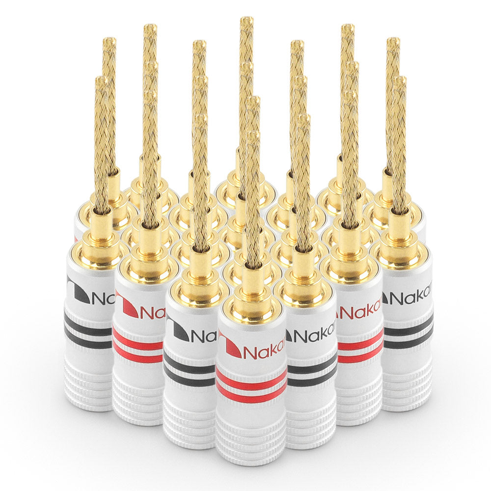 Nakamichi GrubLock Excel Series 24k Gold Plated Flex 2mm Pin Banana Plugs 10 AWG - 18 AWG Gauge Size for Spring Clip Terminal Speakers Amplifier Hi-Fi Wire Cable, Screws Connector