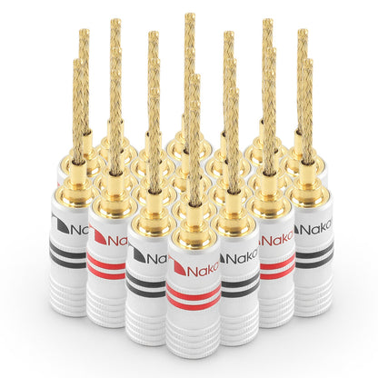 Nakamichi GrubLock Excel Series 24k Gold Plated Flex 2mm Pin Banana Plugs 10 AWG - 18 AWG Gauge Size for Spring Clip Terminal Speakers Amplifier Hi-Fi Wire Cable, Screws Connector