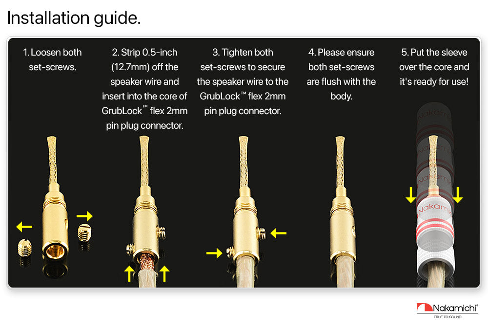 Nakamichi GrubLock Excel Series 24k Gold Plated Flex 2mm Pin Banana Plugs 10 AWG - 18 AWG Gauge Size for Spring Clip Terminal Speakers Amplifier Hi-Fi Wire Cable, Screws Connector