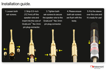 Nakamichi GrubLock Excel Series 24k Gold Plated Flex 2mm Pin Banana Plugs 10 AWG - 18 AWG Gauge Size for Spring Clip Terminal Speakers Amplifier Hi-Fi Wire Cable, Screws Connector