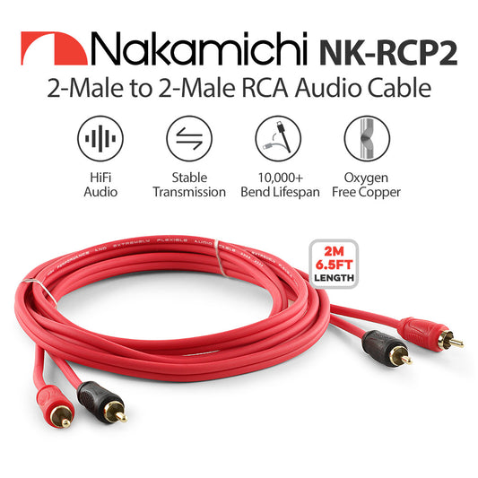 Nakamichi RCA Oxygen Free Copper (OFC) Cable 2-Male to 2-Male Audio Stereo Subwoofer Auxiliary Cord for Home Theater HDTV Amplifier Hi-Fi Systems Car Speakers Receiver