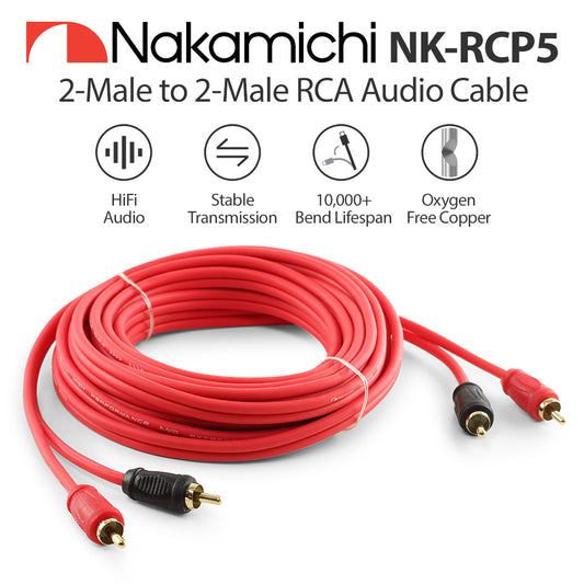 Nakamichi RCA Oxygen Free Copper (OFC) Cable 2-Male to 2-Male Audio Stereo Subwoofer Auxiliary Cord for Home Theater HDTV Amplifier Hi-Fi Systems Car Speakers Receiver