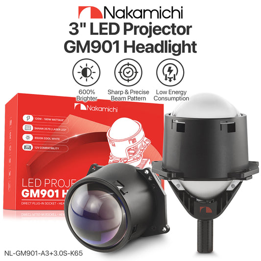 Nakamichi GM901 Series H4 H7 9005 9006 Bi-LED Projector Headlight Lens, 3.0 inch, 20,000 Lumens 98W Per Set, High & Low Beam Retrofit, Pack of 2 5800K