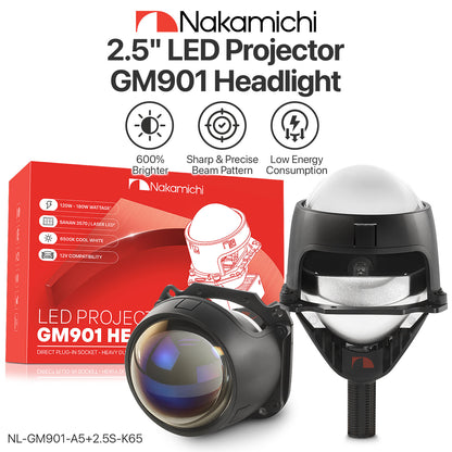 Nakamichi GM901 Series H4 H7 9005 9006 Bi-LED Projector Headlight Lens, 2.5 inch, 20,000 Lumens 94W Per Set, High & Low Beam Retrofit, Pack of 2 5800K