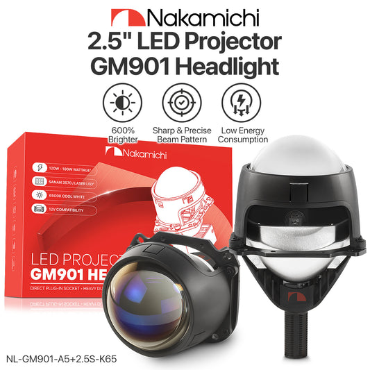 Nakamichi GM901 Series H4 H7 9005 9006 Bi-LED Projector Headlight Lens, 2.5 inch, 20,000 Lumens 94W Per Set, High & Low Beam Retrofit, Pack of 2 5800K