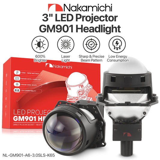 Nakamichi GM901 Series H4 H7 9005 9006 Bi-LED Projector Headlight Lens, 3.0 inch, 20,000 Lumens 126W Per Set, High & Low Beam Retrofit, Pack of 2 5800K