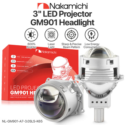 Nakamichi GM901 Series H4 H7 9005 9006 Bi-LED Projector Headlight Lens, 3.0 inch, 20,000 Lumens 100W Per Set, High & Low Beam Retrofit, Pack of 2 5800K
