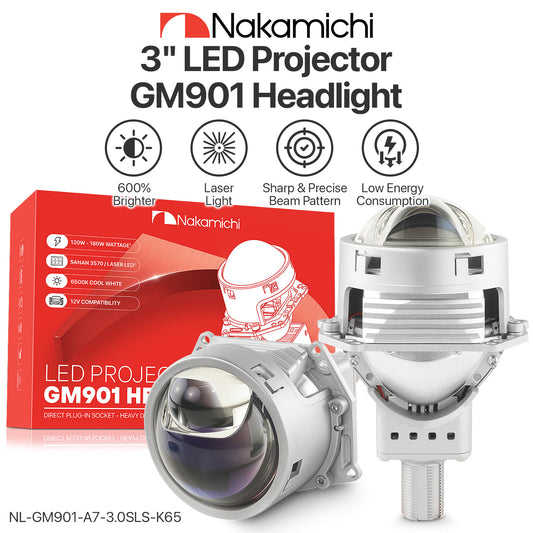 Nakamichi GM901 Series H4 H7 9005 9006 Bi-LED Projector Headlight Lens, 3.0 inch, 20,000 Lumens 100W Per Set, High & Low Beam Retrofit, Pack of 2 5800K