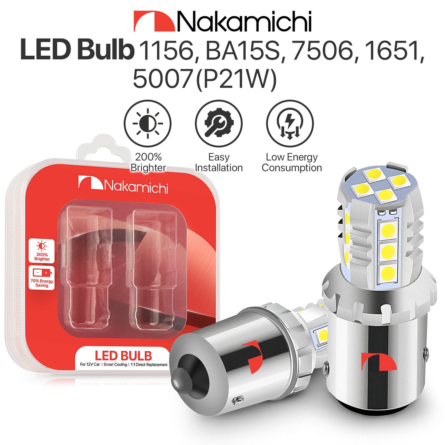 Nakamichi LED Light Bulb 1156 T20-7440 / W21W 16-SMD 3030 Chipsets LED Replacement Bulbs for Car Exterior Reversing Indicator Lights (Xenon White, 1156 | 16 LEDs)