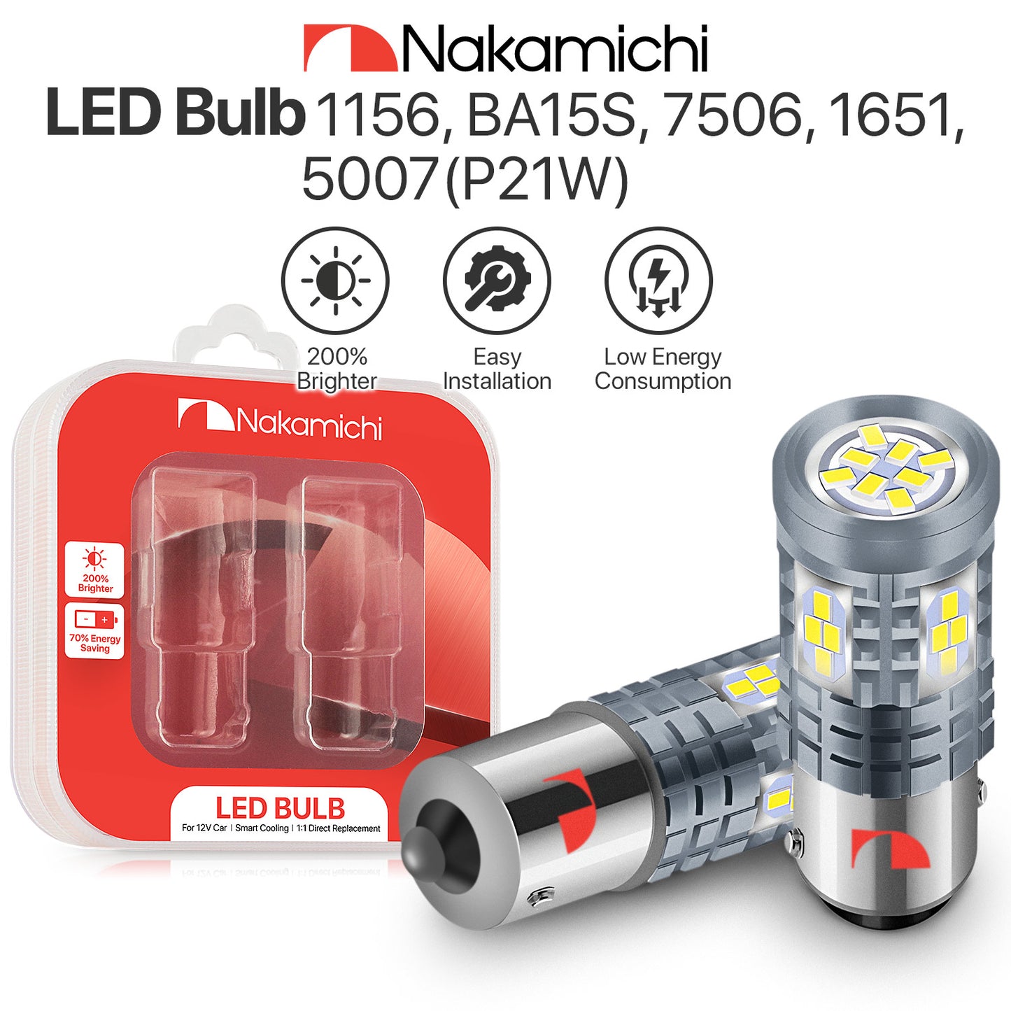 Nakamichi LED Light Bulb 1156 T20-7440 / W21W 24-SMD 3020 Chipsets LED Replacement Bulbs for Car Exterior Reversing Indicator Lights (1156 | 24 LEDs)