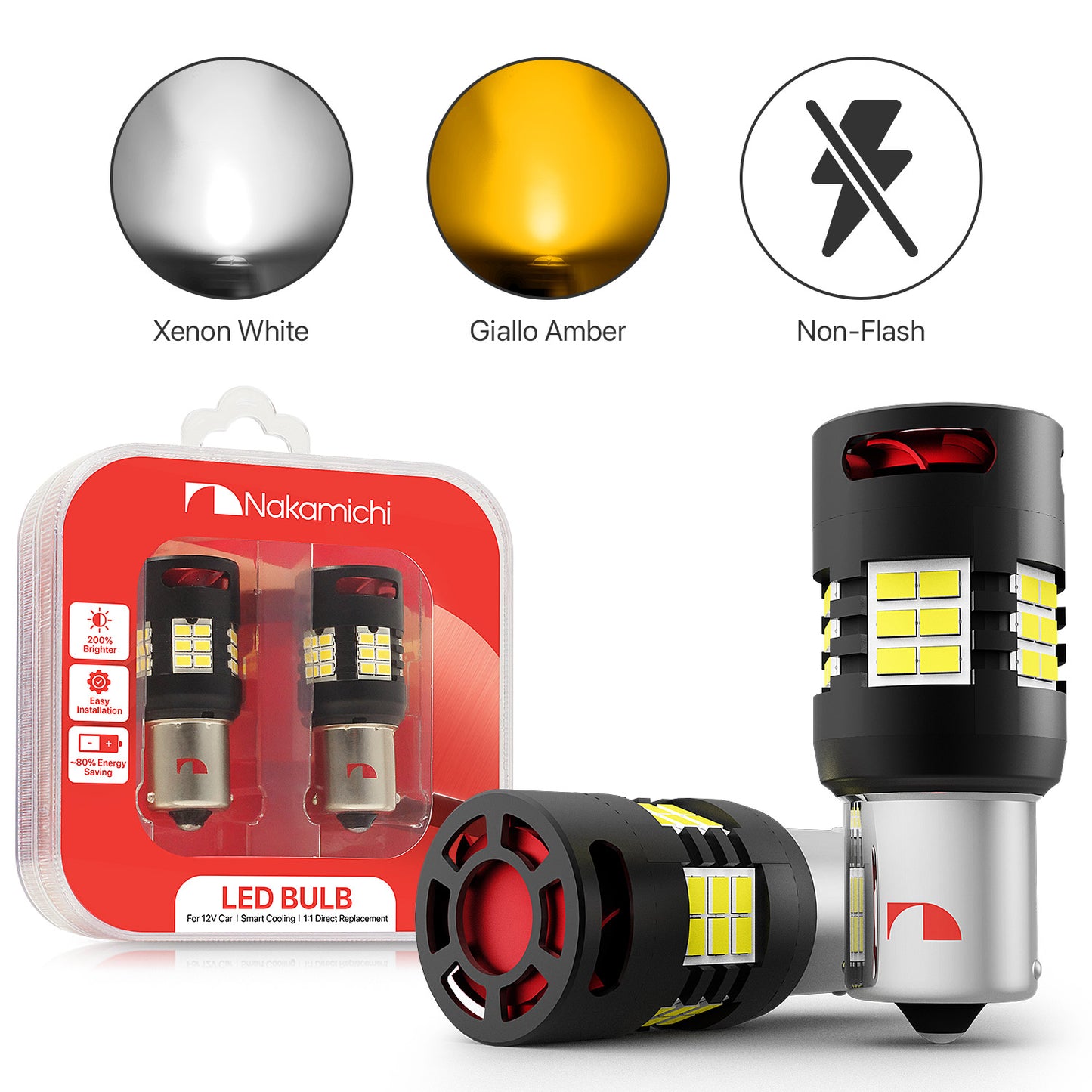 Nakamichi 1156 P21W BA15S Car LED Bulb Super Bright 30-SMD 3020 Chip with Canbus Error-Free 12,000 RPM Fan for Backup Reverse Brake Turn Signal Indicator Tail Light (30 LEDs, Pack of 2)