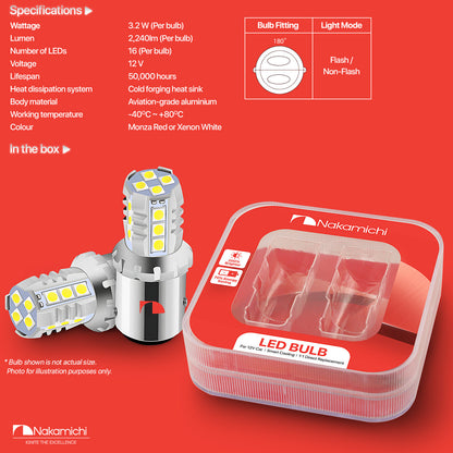 Nakamichi 1156 1157 T20-7443 / W21/5W LED Light Bulb 16-SMD 3030 Chipsets LED Replacement Bulbs for Car Exterior Reversing Indicator Lights (1157 | 16 LEDs)
