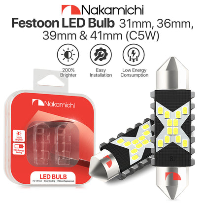 Nakamichi LED Bulb 578 C5W Festoon LED Bulbs CANBUS Error Free 12-SMD 2016 Chipsets 6000K White Replacement for Car Interior Map Dome Courtesy License Plate Lights (Pack of 2) (White Colour, 31-41mm)