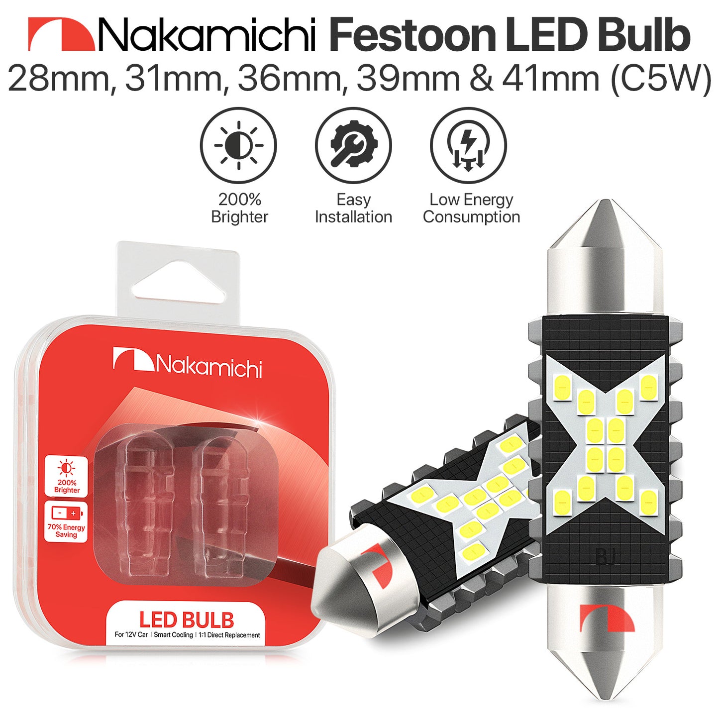 Nakamichi LED Bulb 578 C5W Festoon LED Bulbs CANBUS Error Free 12-SMD 2016 Chipsets LED Replacement for Car Interior Map Dome Courtesy License Plate Lights (Pack of 2) (31-41mm)