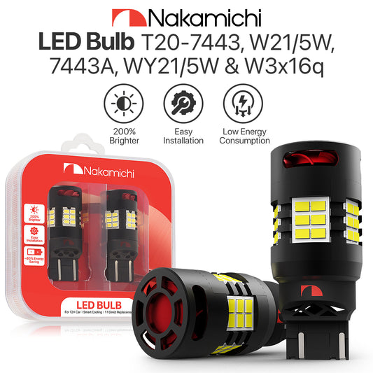 Nakamichi T20 7443 7441 7444 (W21/5W) Car LED Bulb 30-SMD 3020 Chip with Canbus Error-Free 12,000 RPM Fan for Brake Turn Signal Indicator Reverse Backup Tail Light (30 LEDs, Pack of 2)