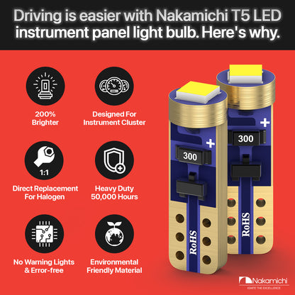Nakamichi T5 W2W LED Bulb 37 74 2721 for PC74 PC37 Socket, Extremely Bright 12V 2016 SMD Chip Dashboard Instrument Panel Gauge Cluster Control Indicator Interior Light Lamp (Pack of 12)