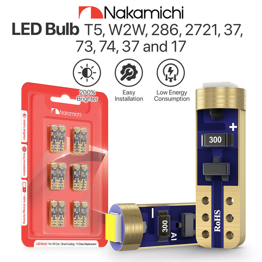 Nakamichi T5 W2W LED Bulb 37 74 2721 for PC74 PC37 Socket, Extremely Bright 12V 2016 SMD Chip Dashboard Instrument Panel Gauge Cluster Control Indicator Interior Light Lamp (Pack of 12)