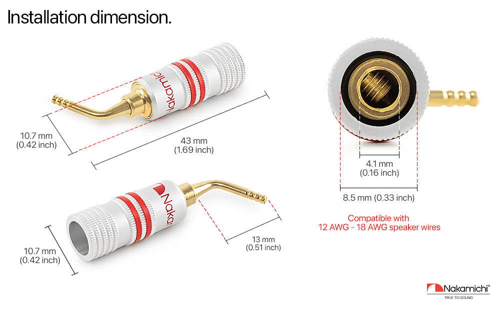 Nakamichi GrubLock Excel Series 24K Gold Plated 2 mm Pin Plugs Banana 10 AWG - 18 AWG Gauge Size 4 mm for Spring Clip Terminal Speakers Amplifier Hi-Fi Wire Cable Screw Connector