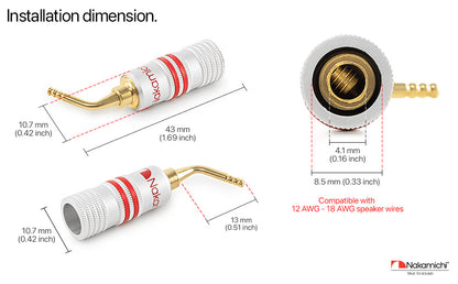 Nakamichi GrubLock Excel Series 24K Gold Plated 2 mm Pin Plugs Banana 10 AWG - 18 AWG Gauge Size 4 mm for Spring Clip Terminal Speakers Amplifier Hi-Fi Wire Cable Screw Connector
