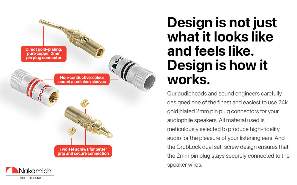 Nakamichi GrubLock Excel Series 24K Gold Plated 2 mm Pin Plugs Banana 10 AWG - 18 AWG Gauge Size 4 mm for Spring Clip Terminal Speakers Amplifier Hi-Fi Wire Cable Screw Connector