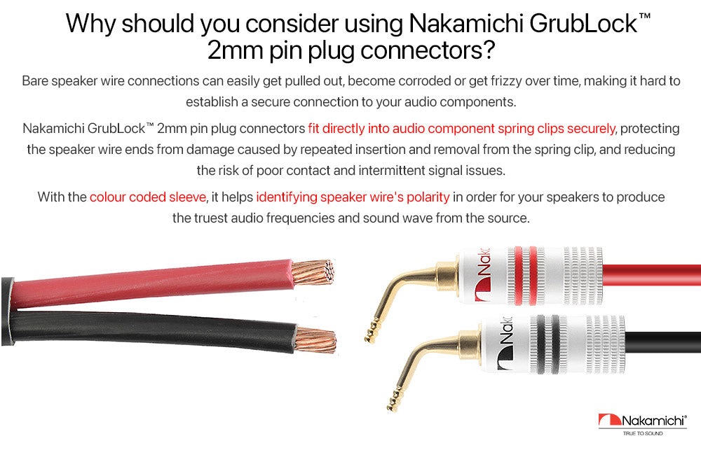 Nakamichi GrubLock Excel Series 24K Gold Plated 2 mm Pin Plugs Banana 10 AWG - 18 AWG Gauge Size 4 mm for Spring Clip Terminal Speakers Amplifier Hi-Fi Wire Cable Screw Connector