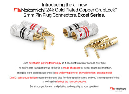 Nakamichi GrubLock Excel Series 24K Gold Plated 2 mm Pin Plugs Banana 10 AWG - 18 AWG Gauge Size 4 mm for Spring Clip Terminal Speakers Amplifier Hi-Fi Wire Cable Screw Connector