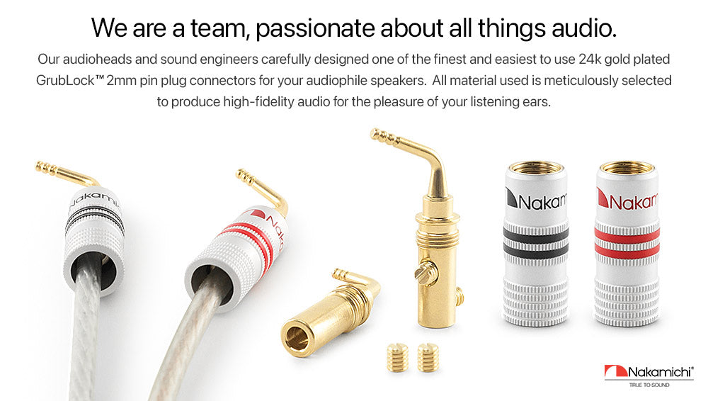 Nakamichi GrubLock Excel Series 24K Gold Plated 2 mm Pin Plugs Banana 10 AWG - 18 AWG Gauge Size 4 mm for Spring Clip Terminal Speakers Amplifier Hi-Fi Wire Cable Screw Connector