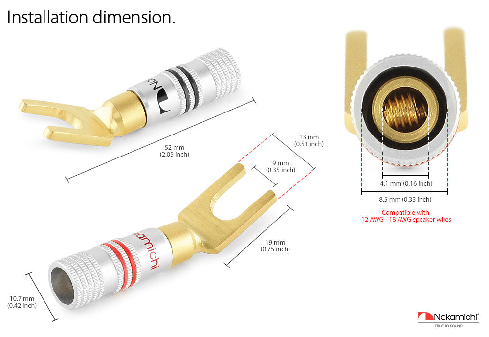 Nakamichi Excel-Serie, 24 Karat vergoldeter Y-Bananenstecker mit Flachstecker, 12–18 AWG, Stärke 4 mm, für Lautsprecher, Verstärker, Hi-Fi, AV, Stereo, Heimkino, Audiokabel, Schraubverbinder
