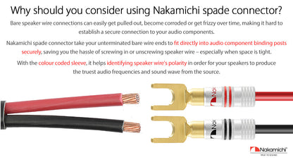 Nakamichi Excel Series 24k Gold Plated Spade Y Banana Plug 12-18 AWG Gauge Size 4mm for Speakers Amplifier Hi-Fi AV Stereo Home Theatre Audio Wire Cable Screw Connector