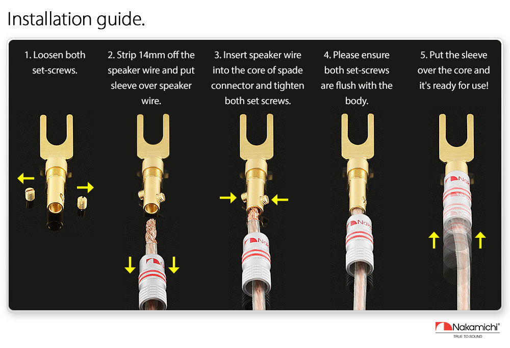 Nakamichi Excel Series 24k Gold Plated Spade Y Banana Plug 12-18 AWG Gauge Size 4mm for Speakers Amplifier Hi-Fi AV Stereo Home Theatre Audio Wire Cable Screw Connector