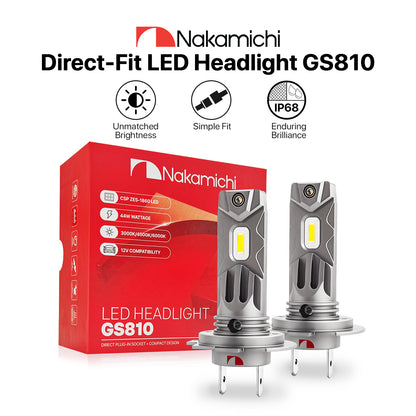 Nakamichi GS810 Series H7 LED Headlight Foglight Light Bulbs for Replacement, 12,000 Lumens 44W Per Set, Full White, Plug and Play, 1:1 Beam, Pack of 2, H7