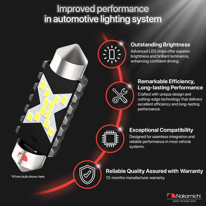 Nakamichi LED Bulb 578 C5W Festoon LED Bulbs CANBUS Error Free 12-SMD 2016 Chipsets LED Replacement for Car Interior Map Dome Courtesy License Plate Lights (Pack of 2) (31-41mm)