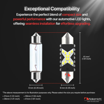 Nakamichi LED Bulb 578 C5W Festoon LED Bulbs CANBUS Error Free 12-SMD 2016 Chipsets 6000K White Replacement for Car Interior Map Dome Courtesy License Plate Lights (Pack of 2) (White Colour, 31-41mm)