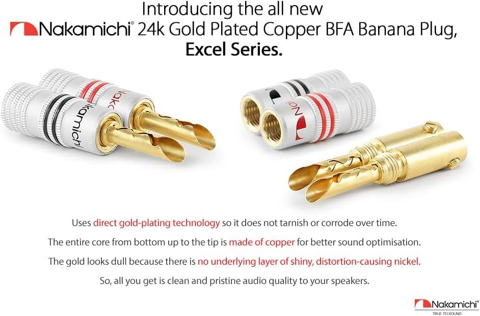 Nakamichi Excel Series 24k Gold Plated BFA Banana Plug 12-18 AWG Gauge Size 4mm for Speakers Amplifier Hi-Fi AV Stereo Home Theatre Audio Wire Cable Screw Connector