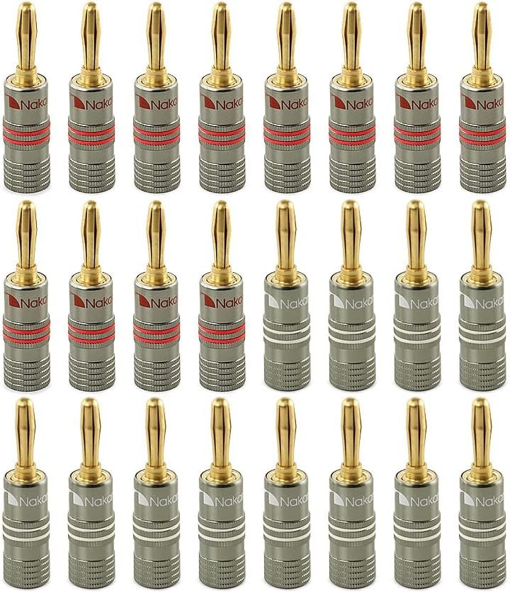 Nakamichi Ultimate Series 24K Gold Plated Beryllium Red Copper Banana Plug 12-18 AWG Gauge Size 4mm Connector for Speakers Wire Amplifiers Hi-Fi