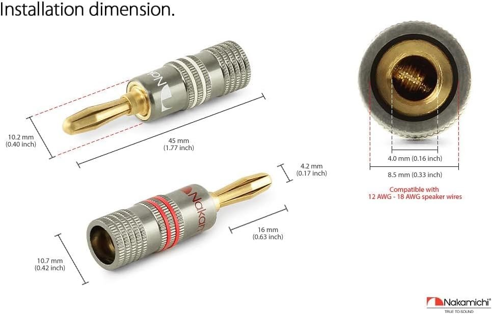 Nakamichi Ultimate Series 24K Gold Plated Beryllium Red Copper Banana Plug 12-18 AWG Gauge Size 4mm Connector for Speakers Wire Amplifiers Hi-Fi