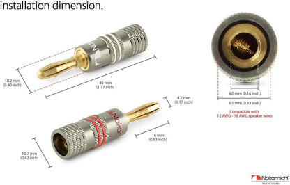 Nakamichi Ultimate Series 24K Gold Plated Beryllium Red Copper Banana Plug 12-18 AWG Gauge Size 4mm Connector for Speakers Wire Amplifiers Hi-Fi