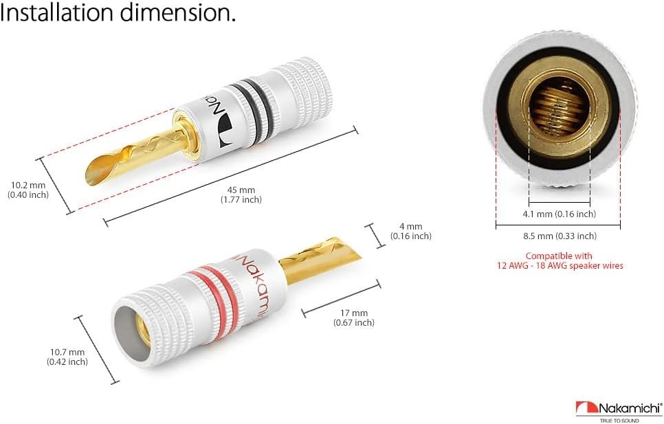 Nakamichi Excel Series 24k Gold Plated BFA Banana Plug 12-18 AWG Gauge Size 4mm for Speakers Amplifier Hi-Fi AV Stereo Home Theatre Audio Wire Cable Screw Connector