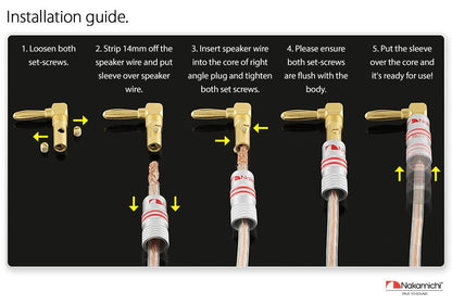 Nakamichi Excel Series 24k Gold Plated Right Angle Banana Plug 12-18 AWG Gauge Size 4mm for Speakers Amplifier Hi-Fi AV Stereo Home Theatre Audio Wire Cable Screw Connector