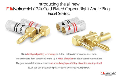 Nakamichi Excel Series 24k Gold Plated Right Angle Banana Plug 12-18 AWG Gauge Size 4mm for Speakers Amplifier Hi-Fi AV Stereo Home Theatre Audio Wire Cable Screw Connector