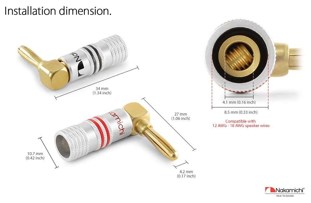 Nakamichi Excel Series 24k Gold Plated Right Angle Banana Plug 12-18 AWG Gauge Size 4mm for Speakers Amplifier Hi-Fi AV Stereo Home Theatre Audio Wire Cable Screw Connector