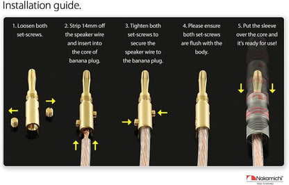 Nakamichi Ultimate Series 24K Gold Plated Beryllium Red Copper Banana Plug 12-18 AWG Gauge Size 4mm Connector for Speakers Wire Amplifiers Hi-Fi